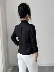 Elenzga Elegant Rose Gold Metal Button Waist Cinched Shawl Neck Black Long Sleeve Women Thin Blazer - Black - View 2