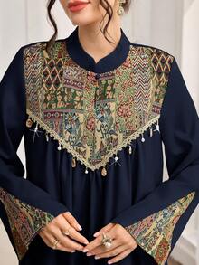 Al Najma Vestido modesto de estilo árabe de jacquard de moda para mujeres - Azul Marino - Ver 1