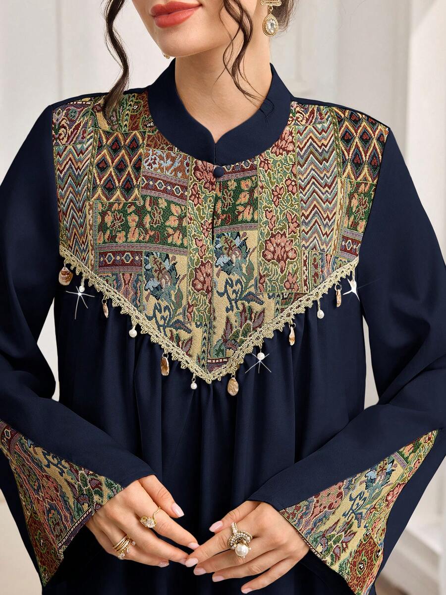 Al Najma Vestido modesto de estilo árabe de jacquard de moda para mujeres - Azul Marino - Ver 1