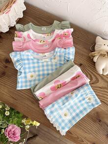 SHEIN 8件套/女婴（0-3岁）春夏新款休闲日常外出可爱趣味格子向日葵短袖背心T恤上衣和短裤8件套 - 彩色 - 查看 5