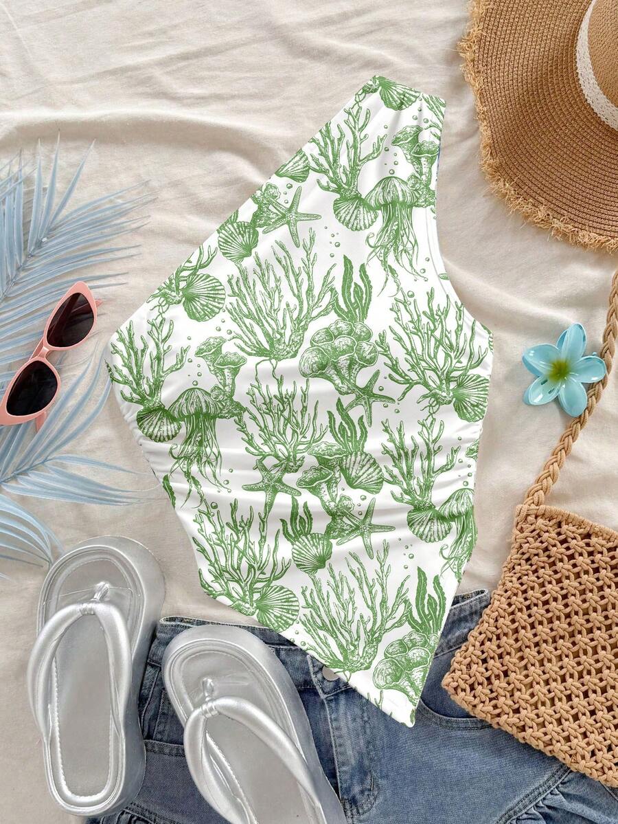 Soleia Blusa casual de mujer con bajo asimétrico y estampado de estrella de mar y concha, versátil para citas y salidas - Verde - Ver 1