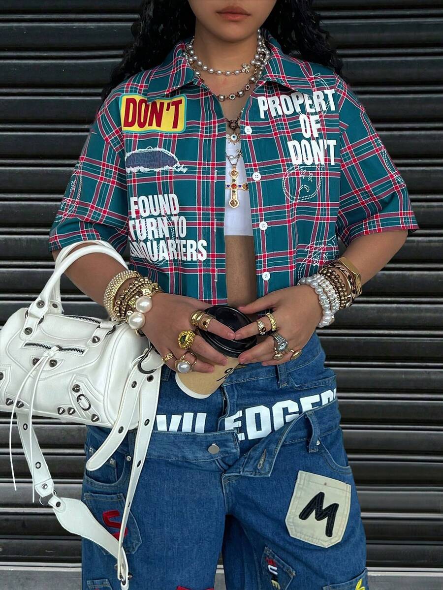 Rovax 休闲格子标语印花落肩短袖露脐衬衫，夏季 - 綠色 - 查看 1