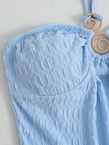 SaltGleam SaltGleam Women's Summer Textured Fabric Ruched Fashion Halter-Neck Tied Top And Super Short Shorts 2 Pieces Set, Suitable For Party, Christmas, Date, Nightclub, Beach, Cruise, Afternoon Tea, Bohemian, Boho, Vacation, Fall - Blue - View 4