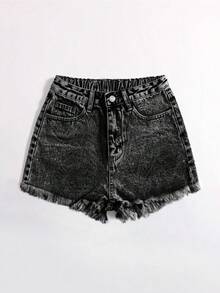 Rivivi Plus Size Women Summer Casual Fashion Street Chic Daily Commute Versatile Washed Non-Stretch Frayed Hem Denim Shorts Short Jeans For Women - Dark Grey - View 3