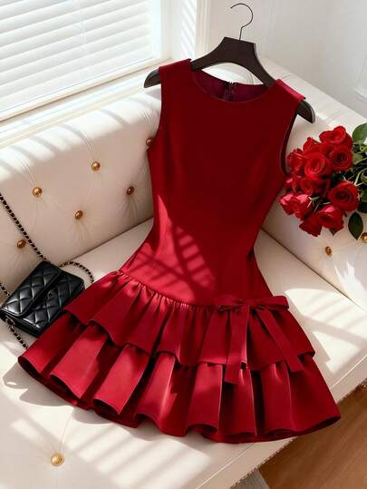 GlowEve French Elegant Sleeveless Dress, Red Bow Sleeveless Short Dress, Suitable For Daily Outings, Dates, Holidays