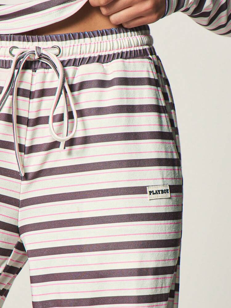 Missguided x Playboy Horizontal Striped Long Sleeve Crew Neck Top With Wide Leg High Rise Casual Trousers Lounge Set Pajama Sleepwear Comfort