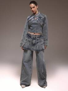 MUSERA Super Cropped Button Detail Denim Jacket Winter Cute Streetwear Going Out Casual Western Born Faded - Blue - View 5