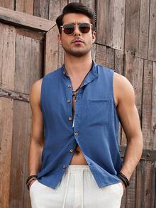 Manfinity RSRT Men's Casual Solid Color Front Button Tank Top, Summers - Blue - View 6