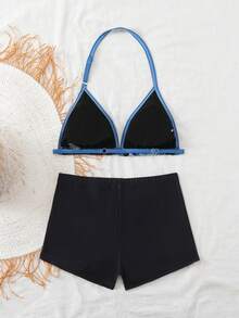 SHEIN Bộ bikini hai mảnh màu đen dệt kim phối viền tương phản dành cho thiếu nữ, gồm áo và quần short, thích hợp cho kỳ nghỉ biển. - Nhiều màu - Xem 3