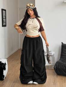 Coolane Women's & Men's Plus Size Summer Streetwear  Going Out Sportswear Western Wear Y2K Black  Sports Mid Rise Elastic Waistband Parachute With Pockets Cargo Pants With Slimming Effect Inclusive Sizing For Every Body - Black - View 2