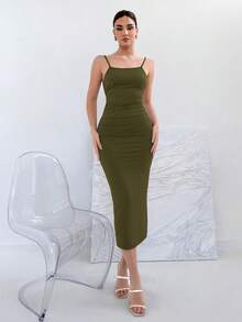 Aloruh Backless Tie-Back Spaghetti Strap Dress, Stretchy, Summer,Summer Dresses For Women - Army Green - View 4
