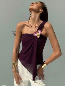 Aloruh Women's Vacation Style Ruched Bandeau Top, Romantic Purple Bohemian Fitted Pullover - Purple - View 1