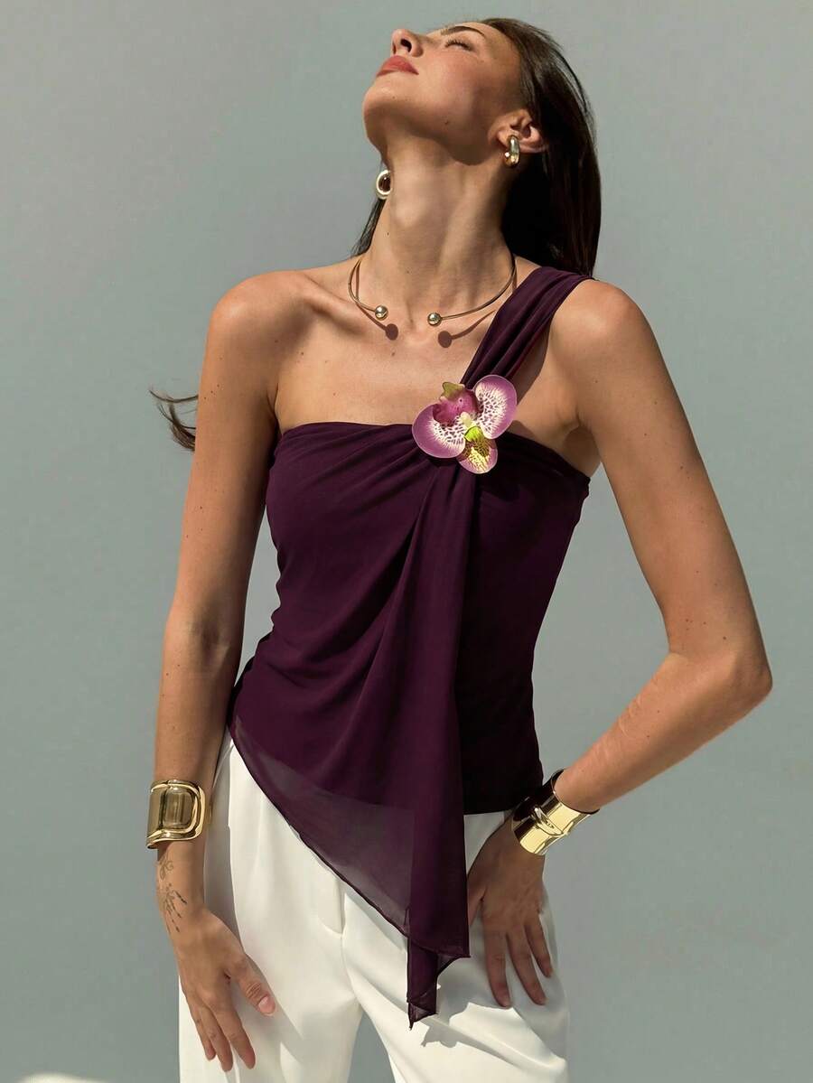 Aloruh Women's Vacation Style Ruched Bandeau Top, Romantic Purple Bohemian Fitted Pullover - Purple - View 1