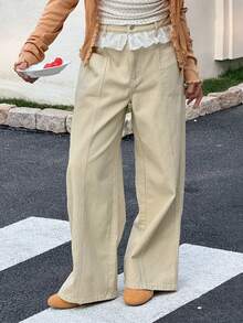 DAZY 少女口袋纽扣蕾丝拼接休闲百搭日常阔腿牛仔裤 - 卡其色 - 查看 3