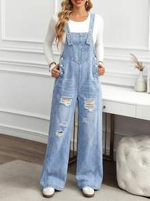 EMERY ROSE 大码女式破洞口袋阔腿宽松休闲牛仔连体裤 - 淺色水洗藍 - 查看 4