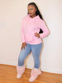 Steph T 女式连帽运动衫，带字母印花和抽绳开合，保暖内衬 FAITH OVER FEAR，长袖上衣 - 粉色 - 查看 5