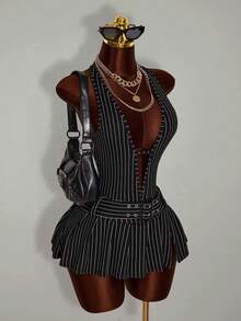 Amplova 女士性感露背条纹印花系带无袖连衣裙，配腰带，夏季 - 黑與白 - 查看 1