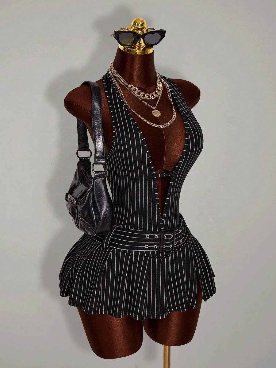 Amplova 女士性感露背条纹印花系带无袖连衣裙，配腰带，夏季 - 黑與白 - 查看 1