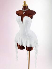 Amplova 女士蕾丝紧身连衣裙，荷叶边下摆，A字型，花卉拼接，适合生日派对、情人节、Y2K风格 - 白色 - 查看 7