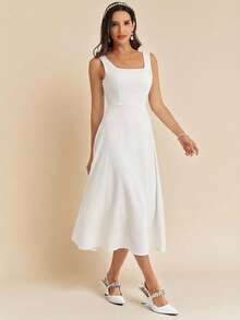 Amorya Women's Solid Color Square Neck Sleeveless Simple Design Elegant Dress ,Summer Dress,Elegant Dress - White - View 3