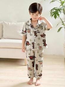 Conjunto de 2 piezas de cardigan de manga corta y pantalones con estampado de dinosaurio lindo para niño pequeño, ropa de estar en casa informal - Multicolor - Ver 4