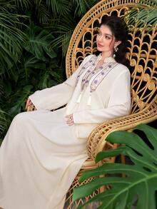 Al Najma Women's Apricot Semi Sheer Long Arabian Tunic Dress,Notched V-Neck Flare Sleeves,Floral Embroidered Lace Tassel Pendant,Elegant Modest Caftan,Summer - Apricot - View 6