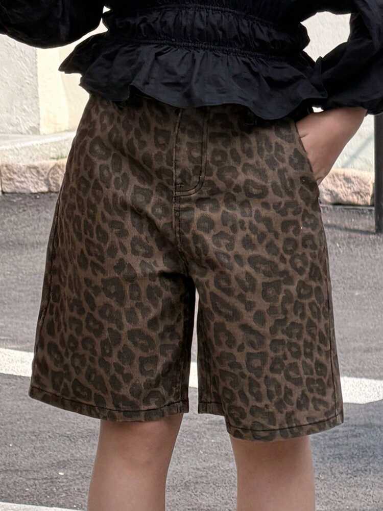 Tween Girls' Leopard Print Casual Denim Shorts