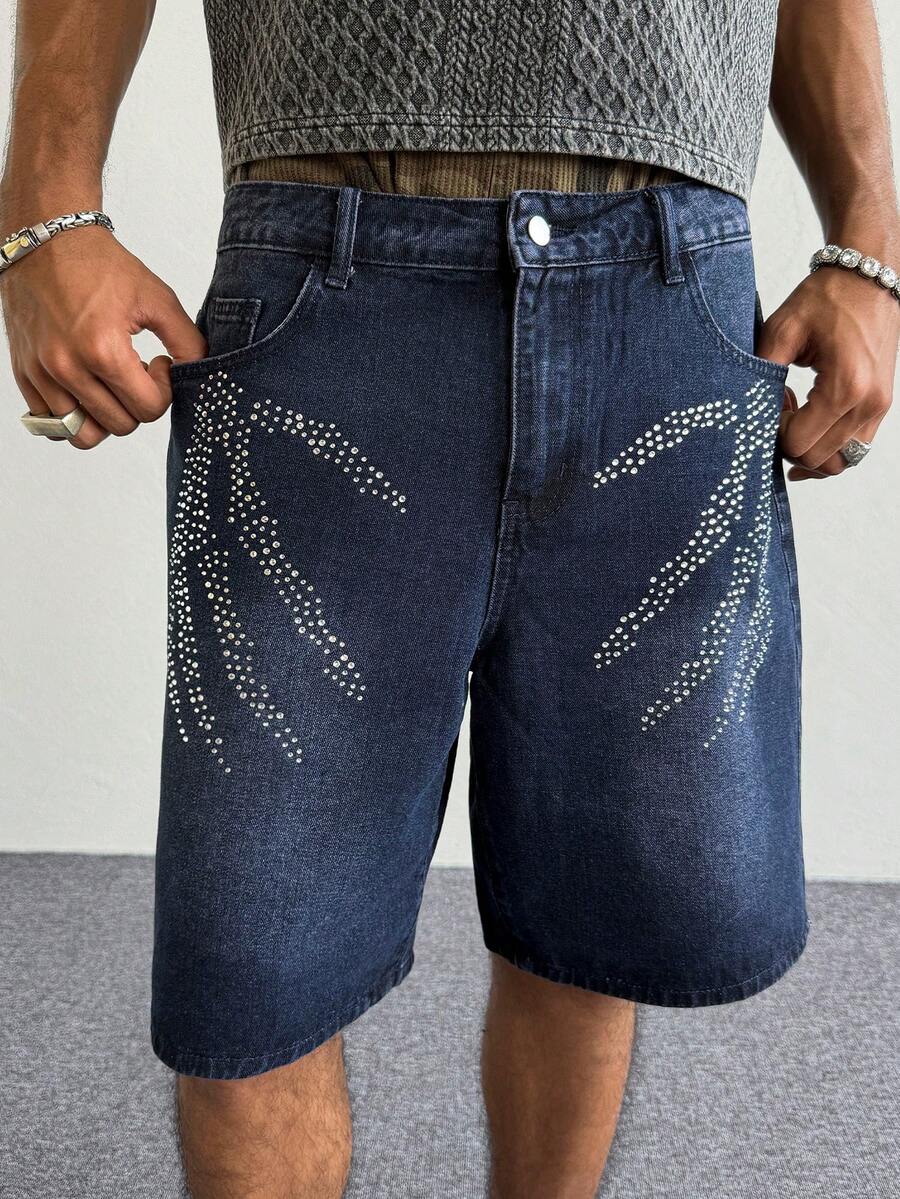 PAVTROS 男士带口袋纽扣水钻装饰休闲水洗牛仔短裤 - 紫色 - 查看 1