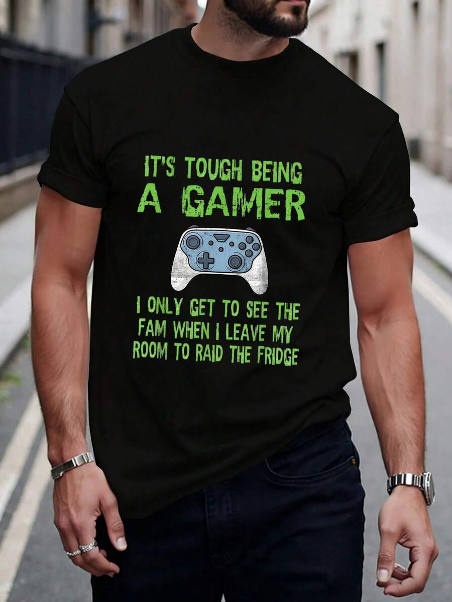 Men's fashionable printed short-sleeved crew neck casual summer short-sleeved top, machine washable, comfortable outdoor casual wear, machine washable shirt - Negro - Ver 1