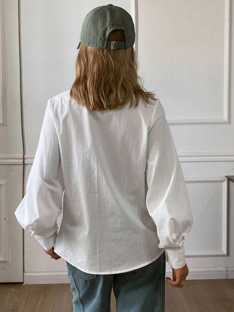 Women's Solid Color Loose Turndown Collar Lantern Sleeve Elegant Formal Blouse, Spring/Autumn