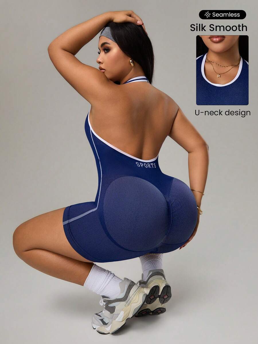 Rhythm Era Plus Size Women Seamless Racerback Romper - Navy Blue - View 1