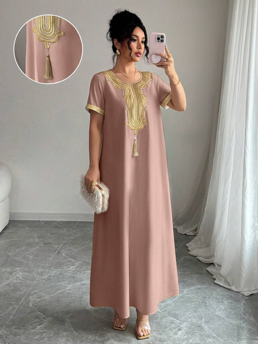 Rafferiza 女士金色蕾丝边圆领流苏装饰优雅短袖连衣裙 - 粉色 - 查看 1