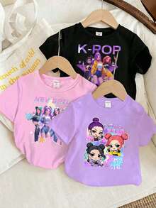 Kpop Girl Graphic Print Round Neck Short Sleeve Casual Versatile T-Shirt - Multicolor - View 1