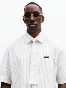 SUMWON Camisa formal de manga corta a rayas con botones y cuello, ajuste regular, casual de negocios para oficina, primavera-verano, mezcla de algodón - Blanco - Ver 5