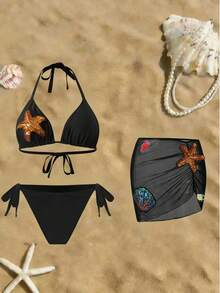 Swim Oasis Bộ đồ bơi cỡ lớn kèm váy, họa tiết động vật biển, kiểu dáng gợi cảm phong cách châu Âu cao cấp. - màu đen - Xem 3