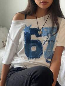 SHEIN EZwear 休闲简约时尚数字67印花露肩宽松女式T恤 - 彩色 - 查看 3