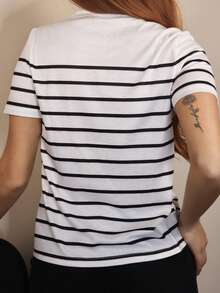 SILVIA DI SANTO Women Striped Casual Versatile T-Shirt Graphic Tees Women Tops - Black and White - View 2