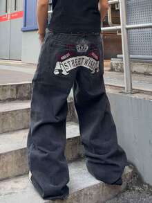 ROMWE MEN Anime Spring Casual Graphic Men'S Embroidered Pattern Loose Fit Jeans - Grey - View 2