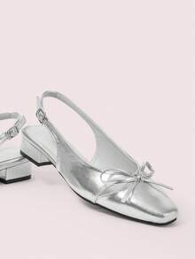 CUCCOO DOLLMOD Small Square Head Hollow Bow Back Strap Single Shoes Fashion Temperament Elegant Versatile Thick Heel Back Empty Commuting Sandals Women - Silver - View 1