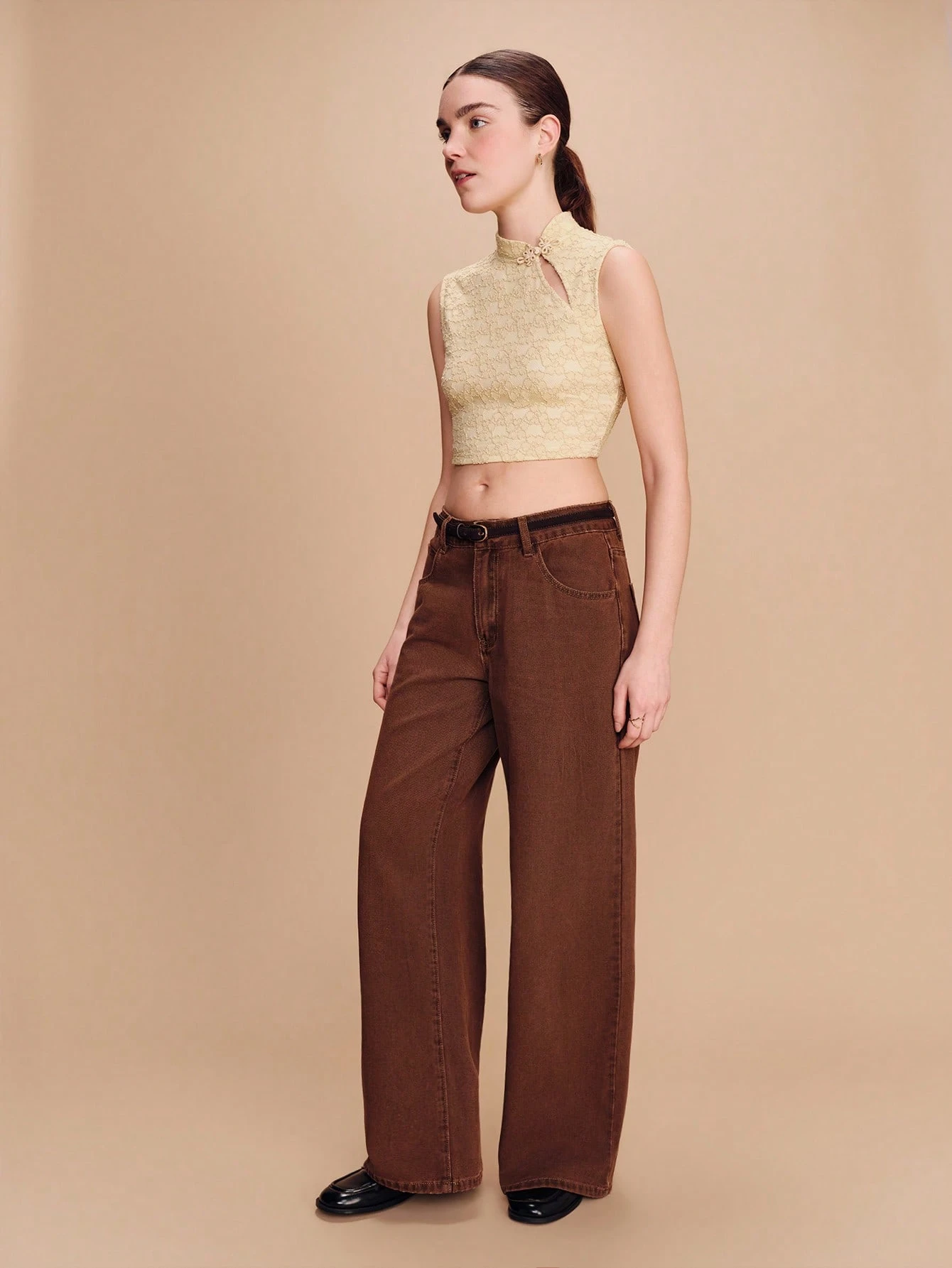 Lace Cropped High-Neck Top With Frog Closure Lunar New Year Outfits Going Out Spring Summer Butter Yellow Cute Top Elegant Top