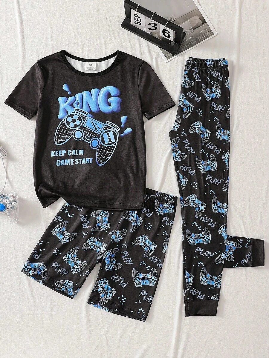 男童圆领短袖休闲三件套修身家居服套装，夏季 - 彩色 - 查看 1