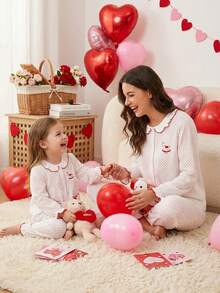 2pcs/Set Girls Casual Cardigans With Cute Horse Print, Contrast Color Pockets & Bow Decor - Red and White - View 3