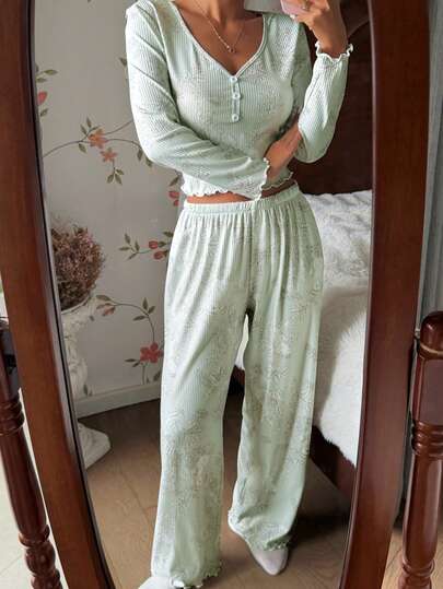 CottageSlumber Women V-Neck Button Floral Print Knit Long Sleeve Pajama Set