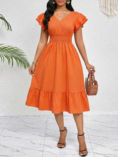 SHEIN Lady Vestido mini de playa de unicolor con mangas de campana, cintura fruncida y volantes, vestido de verano para vacaciones. Vestido naranja de mujer, vestido con mangas con volantes, vestido de cintura fruncida, vestido midi casual para mujer en verano y primavera, vestidos para picnic, vestido de estilo francés de alta calidad, vestidos elegantes para mujer, vestidos casuales de verano para mujer