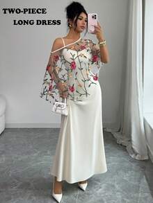 Selianne Spring/Summer New Women's Elegant Vacation Long 2-Piece Set, Rose Mesh Shawl Strap Dress, Suitable For Travel, Beach, Date, Valentine's Day Rose Party Dress - Apricot - View 1