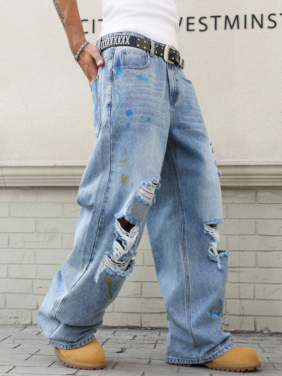 Manfinity EMRG 男士复古水洗做旧不对称泼墨宽松直筒牛仔裤 - 淺色水洗藍 - 查看 1