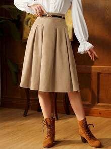 Vintamour 复古优雅女士褶裥A字半身裙，配腰带，棕色，适合工作或休闲场合，返校季服装，秋季服装，秋季穿搭，教师服装，冬季女士复古服装，卡其色半身裙，返校节半身裙，短款酒红色 - 卡其色 - 查看 7