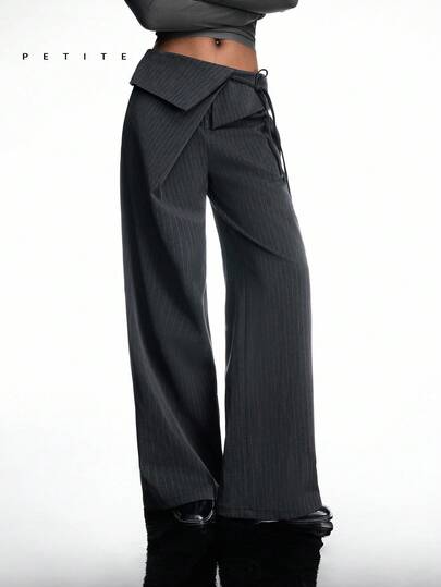 SHEIN LYSMO Petite Women's Dark Grey Striped Waist Fold-Over Tie Waist Wide Leg Casual Pants Work Outfits Business Casual Office Outfits For Women Summer Outfit For Women Spring Break Outfits