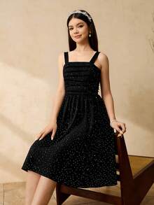 SHEIN 女士黑色吊带蝴蝶结腰部中长连衣裙，性感优雅的返校连衣裙，饰有金属箔点缀 - 黑色 - 查看 6