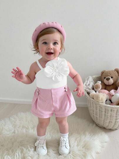 Souflis Souflis 1pc Baby Girl Elegant Sweet Ribbed Asymmetric Strap Design Floral Decor Top Paired With Pink Striped Shorts Set, Suitable For Street, Travel Photography In Summer